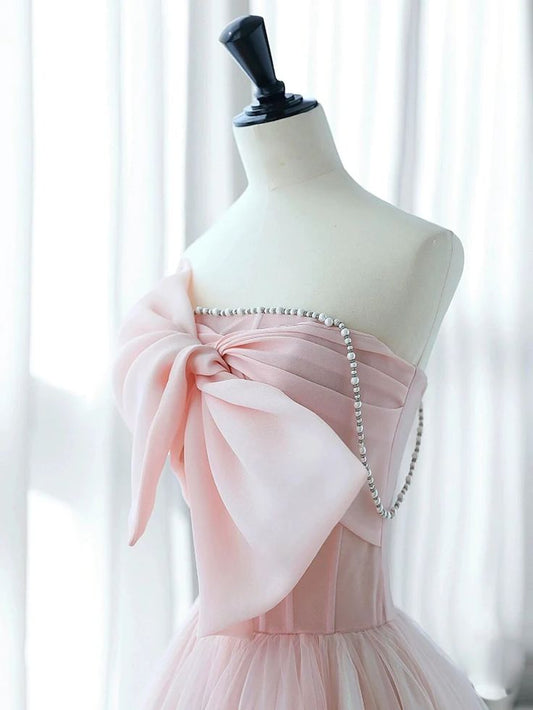 Graceful A Line Strapless Beaded Pink Tulle Bow Long Prom Dress,Evening Dress GG544