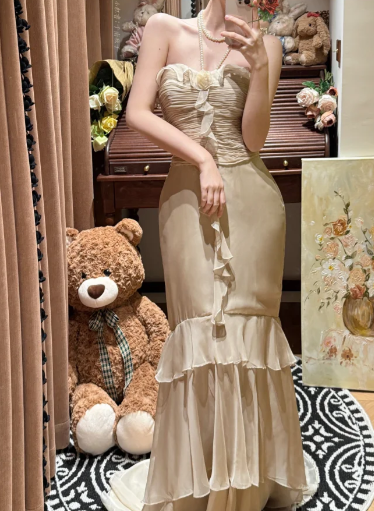Chic Mermaid Strapless Chiffon Ruffle Without Sleeves Long Prom Dress,Evening Dress GG5609