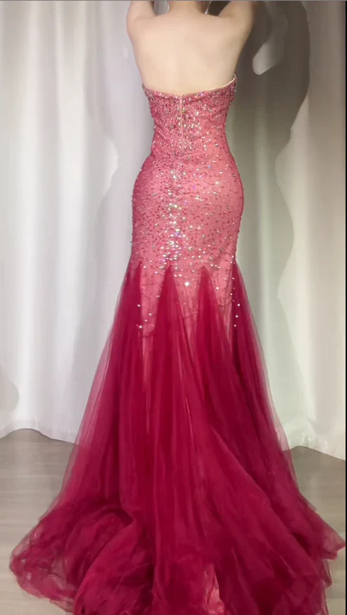 Shiny Mermaid Sweetheart Tulle Beaded Without Sleeves Long Prom Dress,Evening Dress GG5628