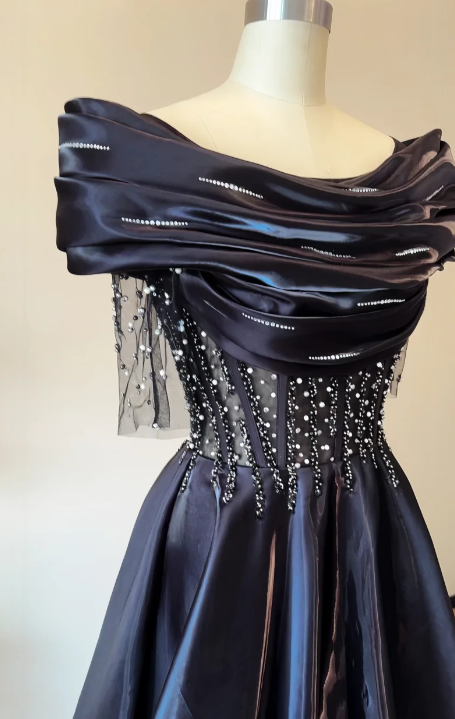 Formal A Line Off The Shoulder Satin Beads Long Prom Dress,Evening Dress GG5820