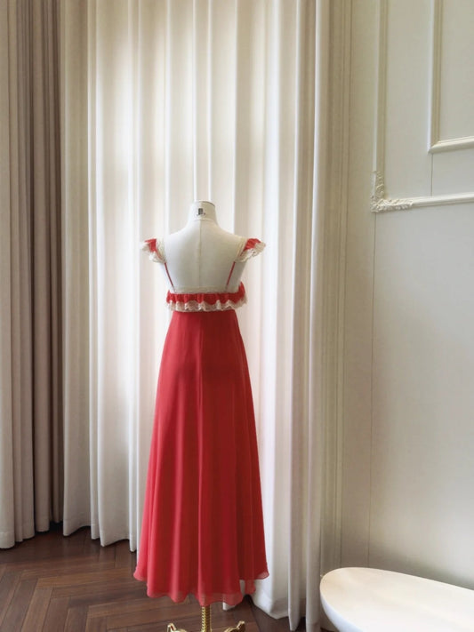 Elegant Spaghetti Straps Prom Dress Lace Ruffles A-Line Evening Dress GG5846