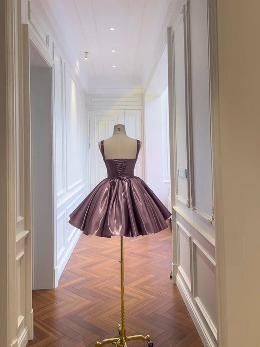 Alluring Purple Homecoming Dress Spaghetti Straps Birthday Dress Satin A-Line Mini Dress GG5856