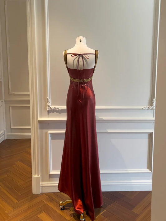 Glittering Burgundy Prom Dress Beaded Spaghetti Straps Mermaid Evening Dress GG5857