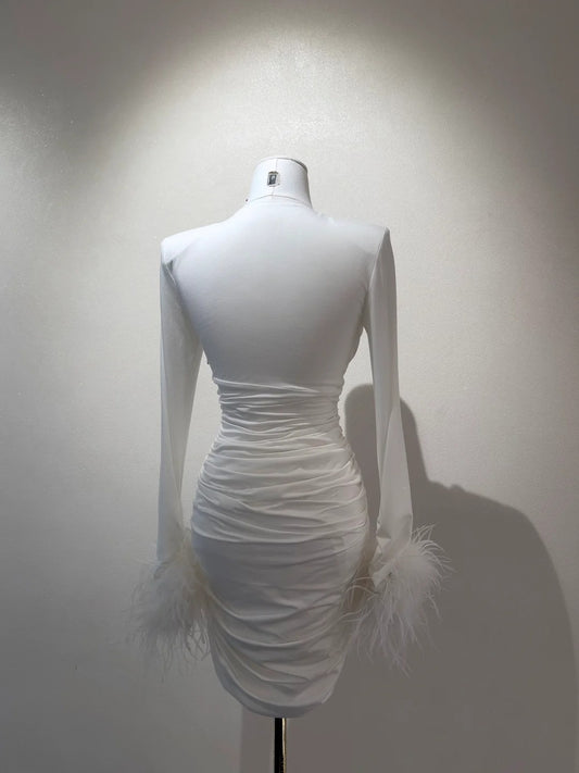 Charming White Homecoming Dress V Neck Long Sleeve Birthday Dress Feather Mini Dress GG5867