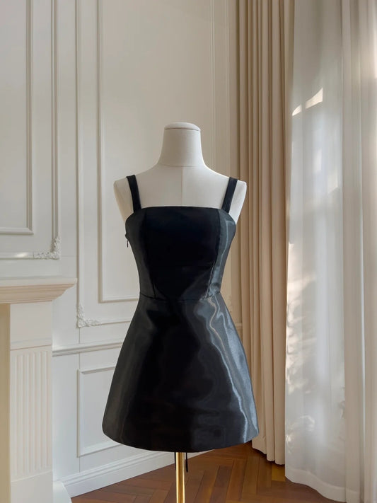 Sexy Spaghetti Straps Homecoming Dress Black Satin A-Line Birthday Dress GG5870