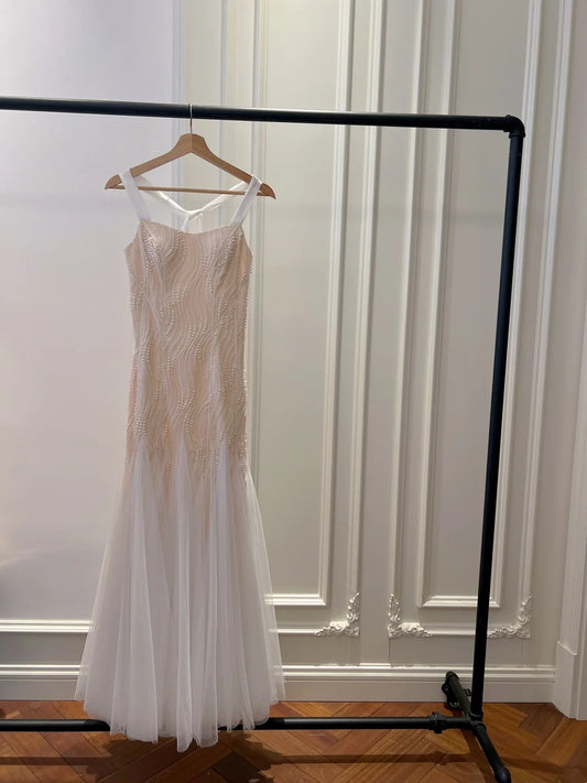 Elegant Spaghetti Straps Pink Prom Dress Beading Tulle Mermaid Long Evening Dress GG5877