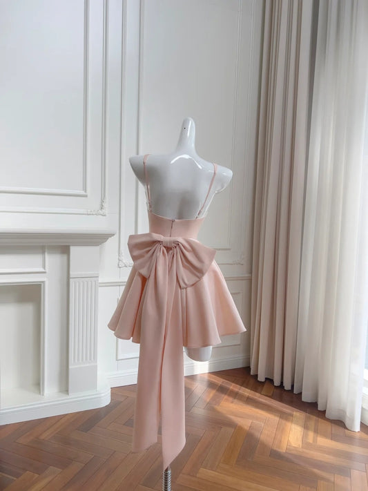 Charming Spaghetti Straps Homecoming Dress Pink Bow Birthday Dress Satin Tulle A-Line Mini Dress GG5880