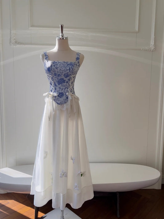 Fashion Square Neck Floral Prom Dress Lace-Up A-Line Long Evening Dress GG5882