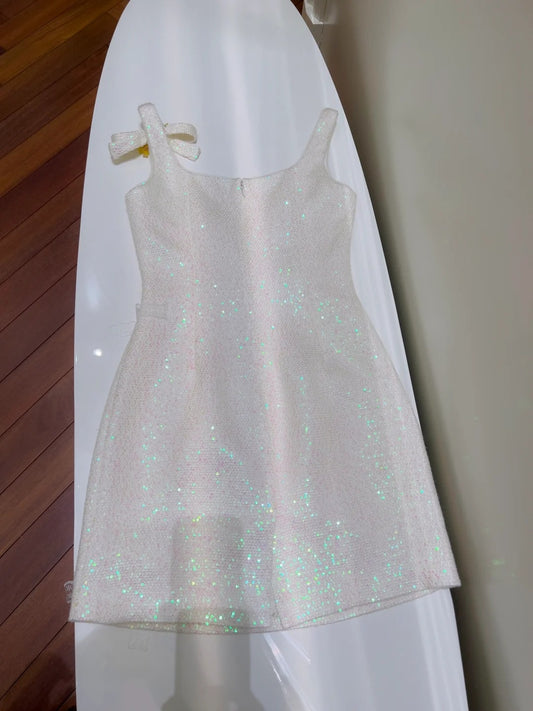 Glittering Spaghetti Straps Homecoming Dress White Bows Birthday Dress Sequins Beads A-Line Mini Dress GG5885
