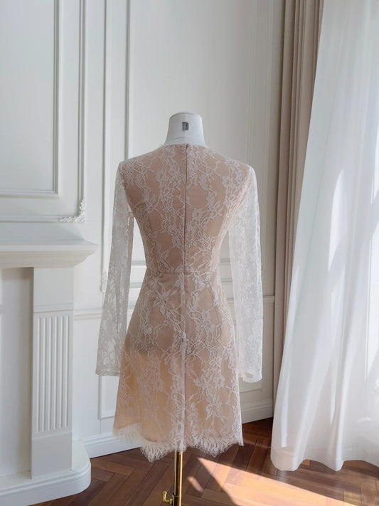 Adorable A-Line Homecoming Dress Lace Birthday Dress Long Sleeve Bows Mini Dress GG5889