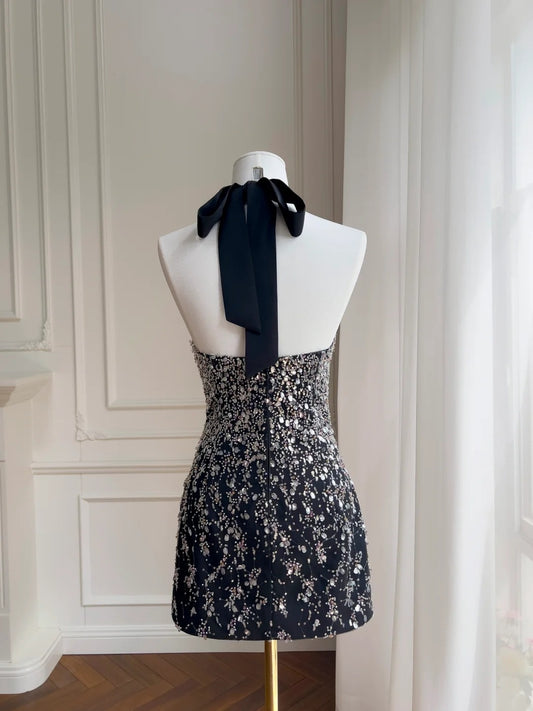Sexy Black Homecoming Dress Sequins Birthday Dress Sheath Halter Mini Dress GG5895