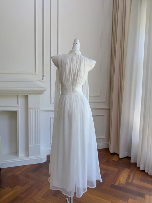 Amazing Halter Neck White Prom Dress Tulle A-Line Evening Dress GG5913