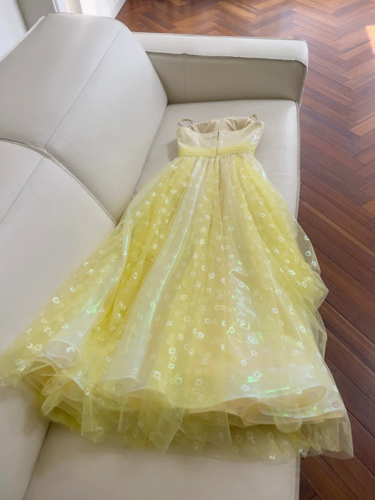 Adorable Floral Yellow Prom Dress Spaghetti Straps A-Line Tulle Evening Dress GG5915