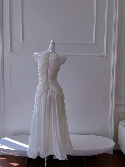 Elegant Halter Neck White Prom Dress Beads Sequins A-Line Evening Dress GG5919