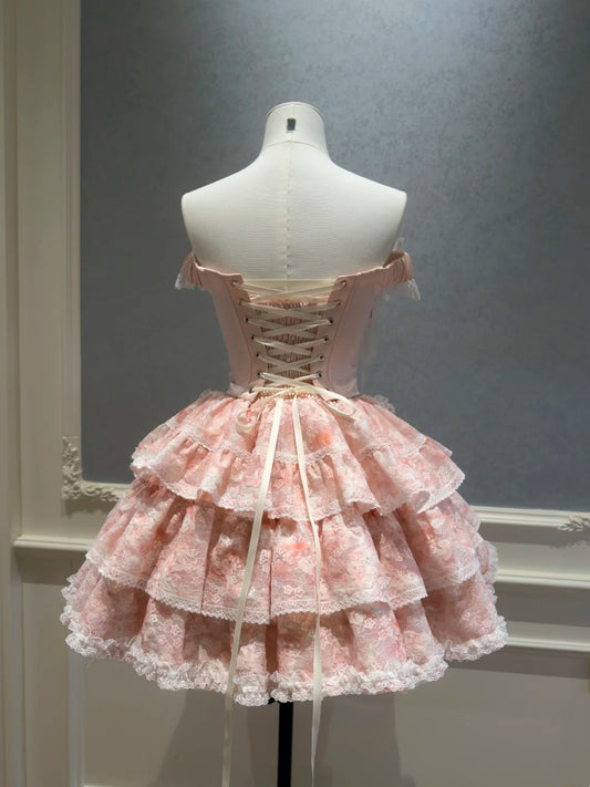 Sweet Off-the-Shoulder Pink Homecoming Dress Lace Tiered Birthday Dress GG5921