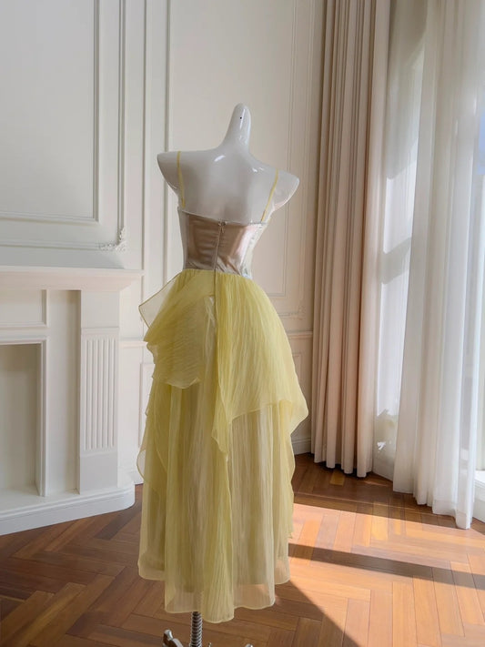 Elegant Spaghetti Straps Yellow Prom Dress Tulle A-Line Evening Dress GG5923
