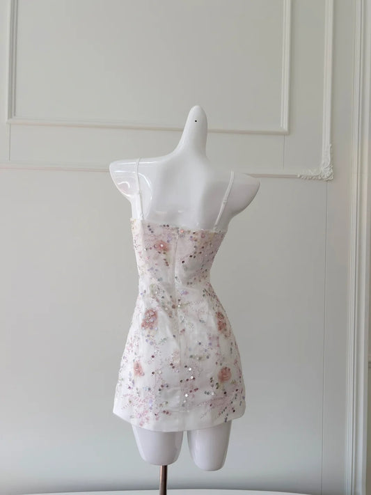 Sweet Spaghetti Straps Floral Homecoming Dress Sequins Sheath Birthday Dress GG5928