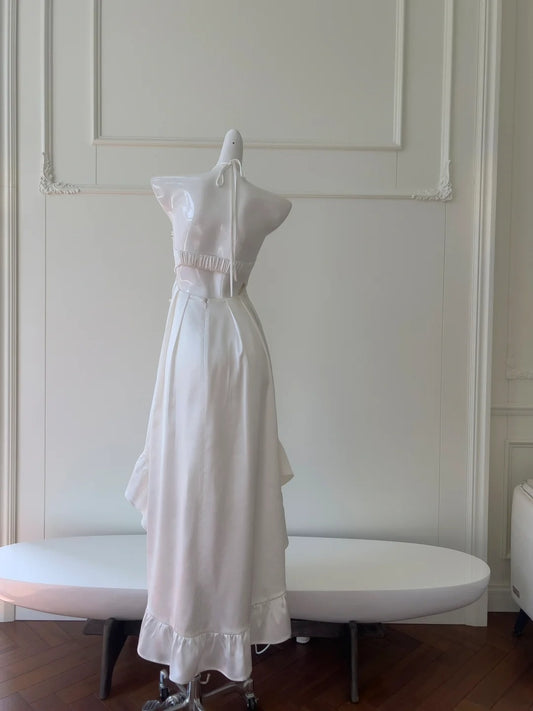 Elegant Halter Neck Pearl White Prom Dress Ruffles A-Line Evening Dress GG5931