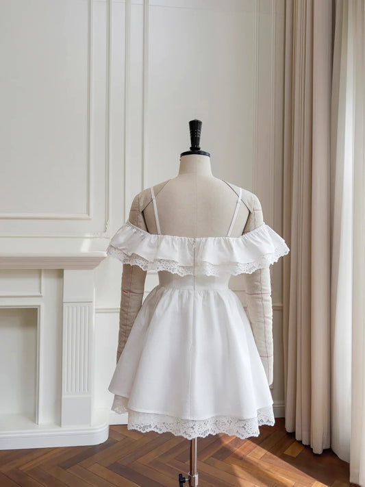 Chic Off-the-Shoulder White Homecoming Dress Bow Ruffles A-Line Birthday Dress GG5933