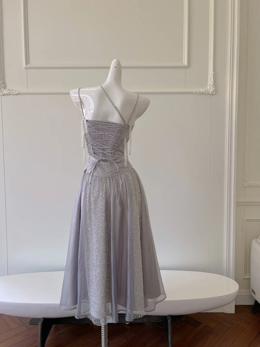 Sparkling Spaghetti Straps Light Purple Prom Dress Sequins Tassel A-Line Evening Dress GG5945