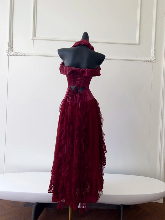 Alluring Halter Neck Burgundy Prom Dress Ruffles Lace A-Line Evening Dress GG5947