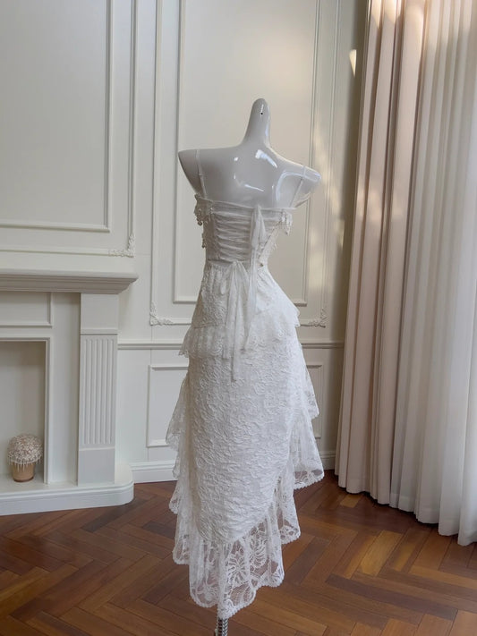 Eelgant Spaghetti Straps White Homecoming Dress Beading Sequins A-Line Birthday Dress GG5948