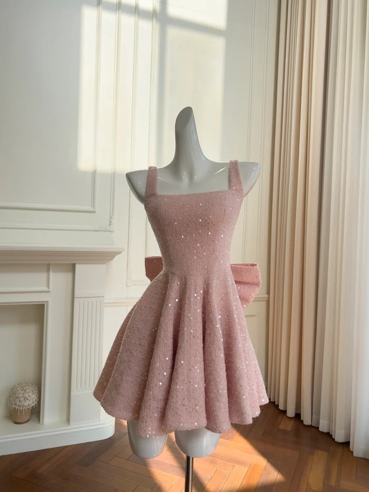 Sweet Pink Homecoming Dress Sequins Bow A-Line Birthday Dress GG5954