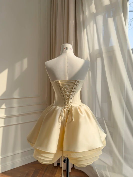 Cute Strapless Light Yellow Homecoming Dress Beading A-Line Birthday Dress GG5956