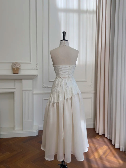 Graceful Ivory Halter Neck Prom Dress Jacquard Lace Evening Dress GG5963