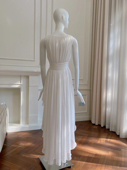 Flowy V Neck White Homecoming Dress Pleated A-Line Birthday Dress GG5971