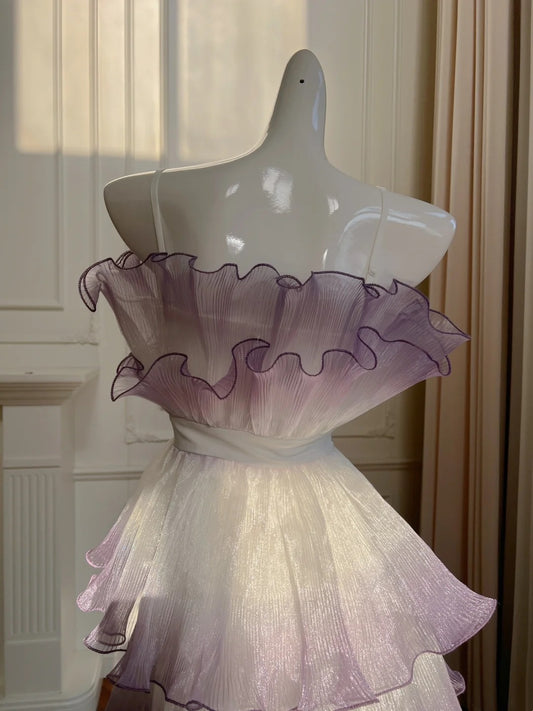 Unique Tiered Gradient Purple Homecoming Dress Strapless Pleated A-Line Birthday Dress GG5972
