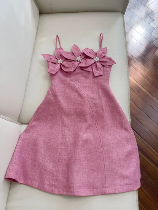 Modern Spaghetti Straps Pink Homecoming Dress Beaded Flowers A-Line Birthday Dress GG5981