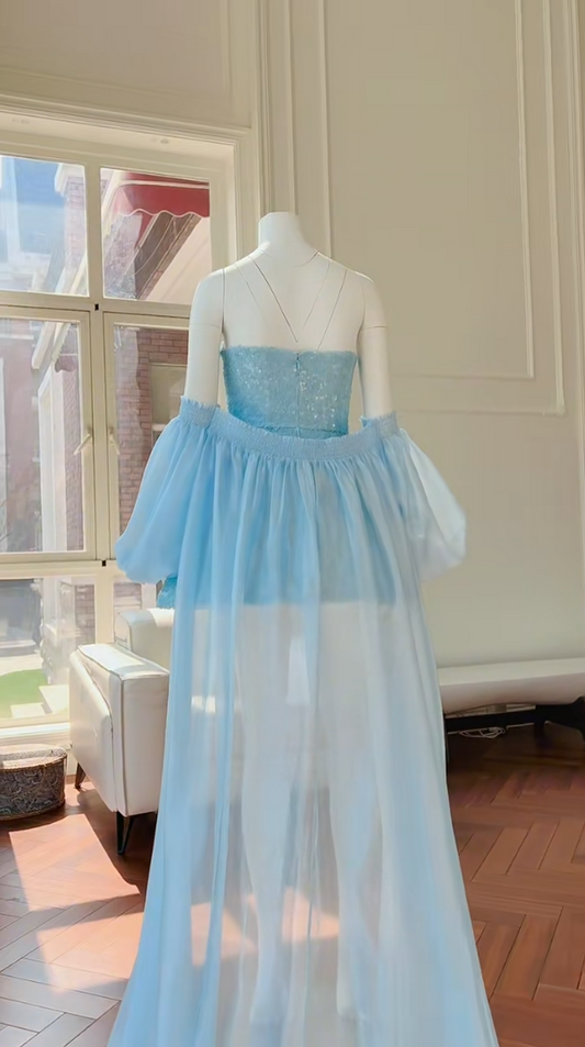Glittering Spaghetti Straps Blue Homecoming Dress With Shawl Sequins A-Line Birthday Dress GG5982