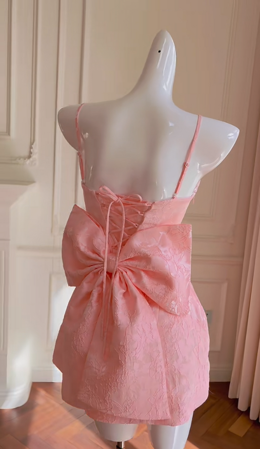 Sweet Spaghetti Straps Pink Homecoming Dress Jacquard Bow A-Line Birthday Dress GG5984