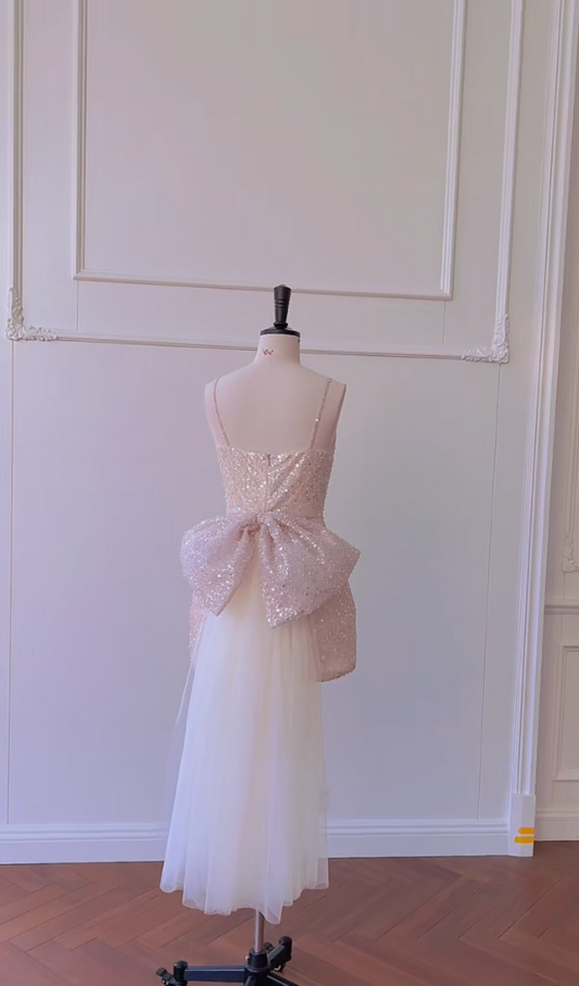 Unique Spaghetti Straps Light Pink Homecoming Dress Sequins Bow Train A-Line Birthday Dress GG5989