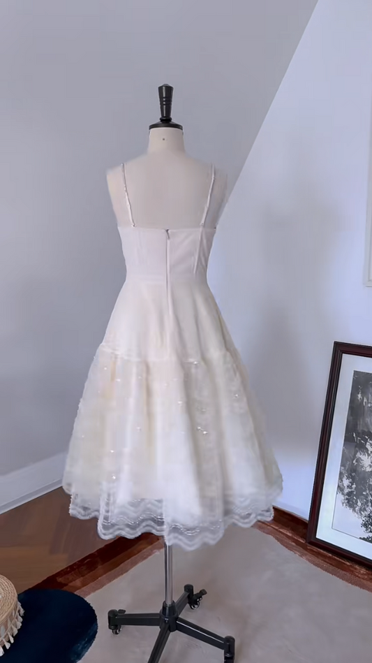 Elegant Spaghetti Straps Ivory Prom Dress Sequins Tulle Polka Dots A-Line Evening Dress GG5990
