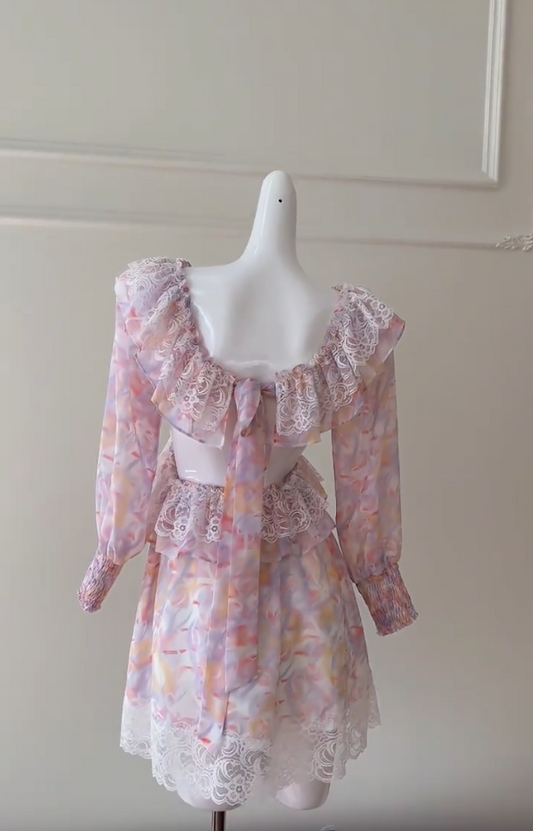 Charming Ruffles Pink Floral Homecoming Dress Lace Cutout A-Line Birthday Dress GG5991