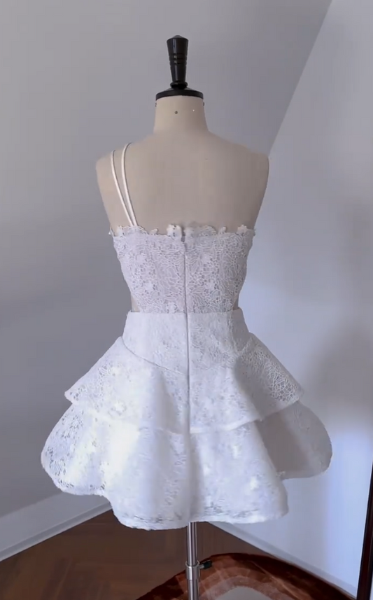 Trendy Spaghetti Straps White Homecoming Dress Lace Cutout A-Line Birthday Dress GG5993