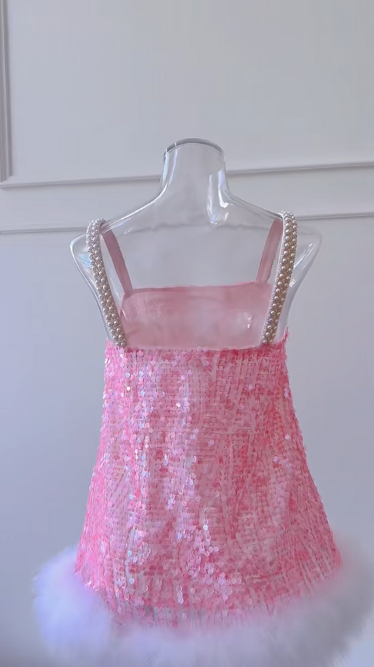 Y2K Spaghetti Straps Pink Homecoming Dress Sequins Fur A-Line Birthday Dress GG5995