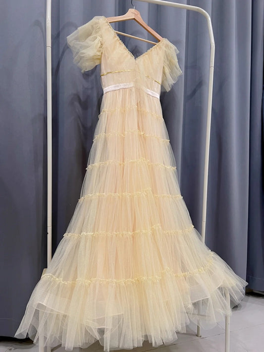 Elegant Short Sleeve Beige Prom Dress Tulle Sequins A-Line Evening Dress GG6000