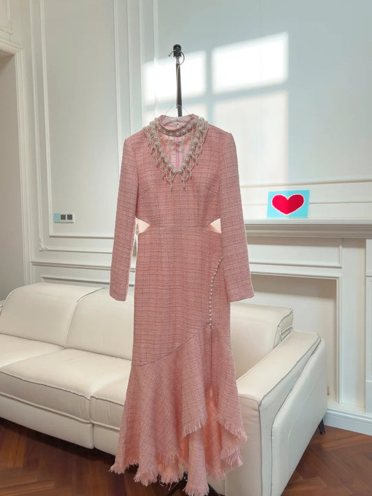 Lovely Cutout Pink Prom Dress Long Sleeve Beading Sheath Evening Dress GG6004