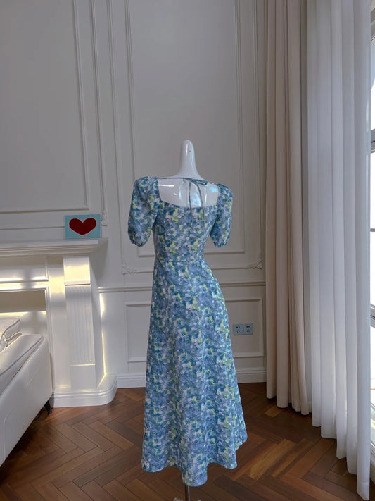Elegant Texured Blue Floral Prom Dress Short Sleeve A-Line Evening Dress GG6010