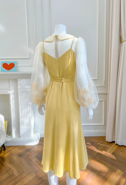 Lovely Flowers Yellow Prom Dress Long Sleeve A-Line Evening Dress GG6024