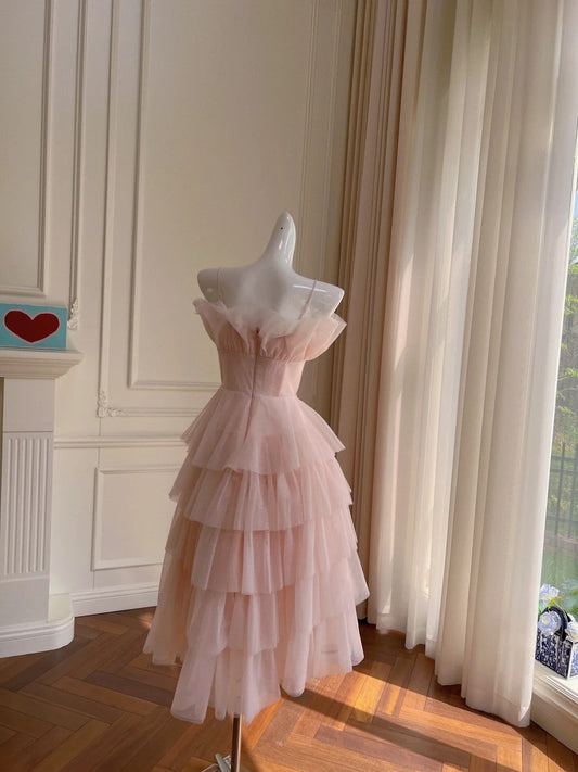 Romantic Tiered Tulle Pink Prom Dress Spaghetti Straps A-Line Evening Dress GG6032