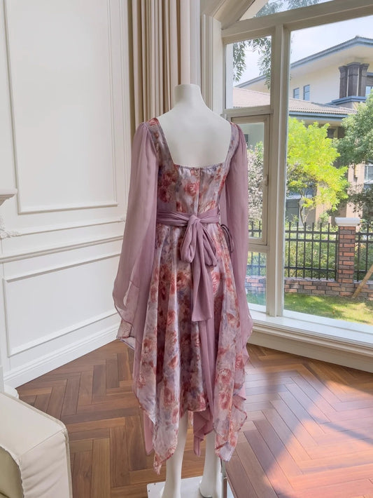 Trendy Long Sleeve Floral Homecoming Dress Ruffles Chiffon A-Line Birthday Dress GG6034
