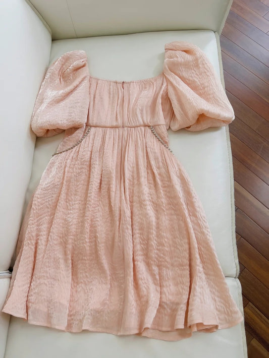 Unique Short Sleeve Blush Homecoming Dress Beaded A-Line Birthday Dress GG6035