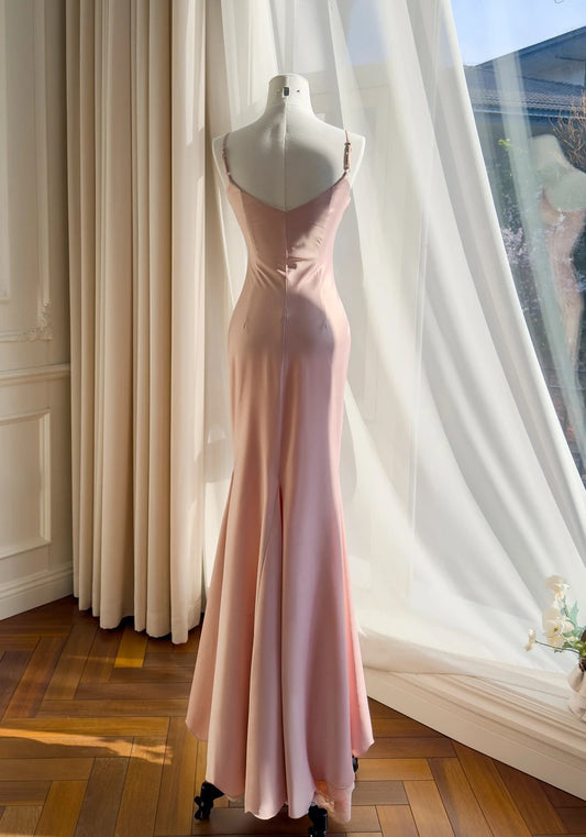 Elegant Lace Pink Prom Dress Spaghetti Straps Satin Mermaid Evening Dress GG6036