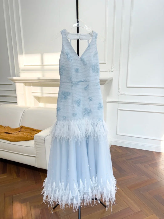 Romantic V Neck Blue Prom Dress Tiered Feather A-Line Evening Dress GG6051