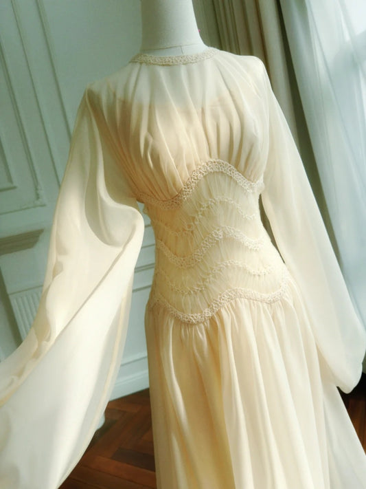 Fashion Long Sleeve Ivory Prom Dress Chiffon A-Line Evening Dress GG6053