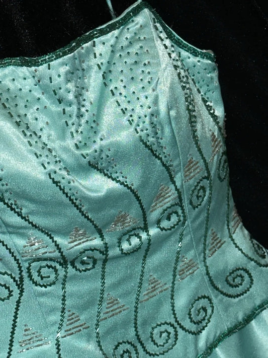 Chic Strapless Satin Green Prom Dress Sequins A-Line Evening Dress GG6072